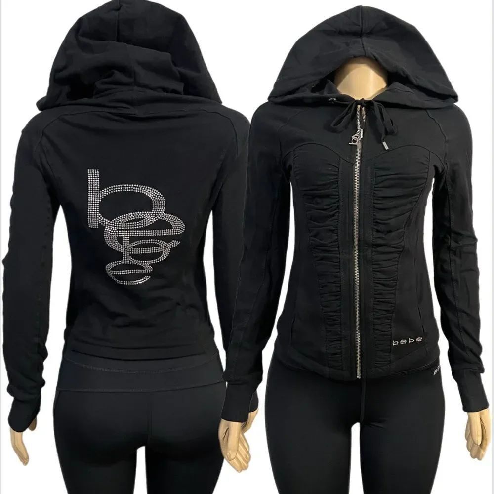 NWOT Bebe hoodie Rhinestone Logo long sleeve full zip closure Ruched black S